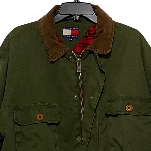 Vintage 90s Tommy Hilfiger Utility Jacket Mens M Army Green Gorpcore Grunge - Picture 1 of 7